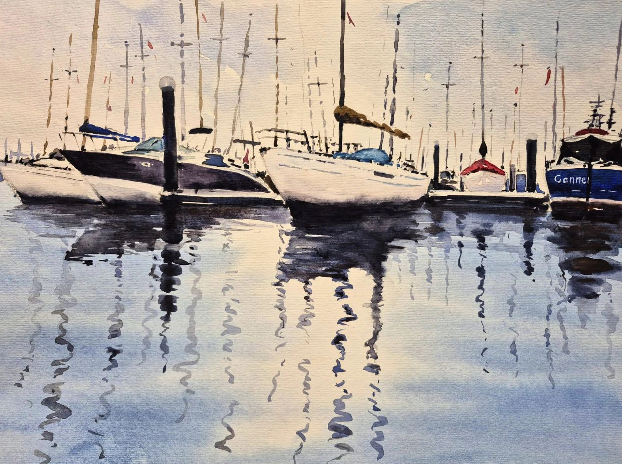 Watercolour painting of boats reflected in a harbour